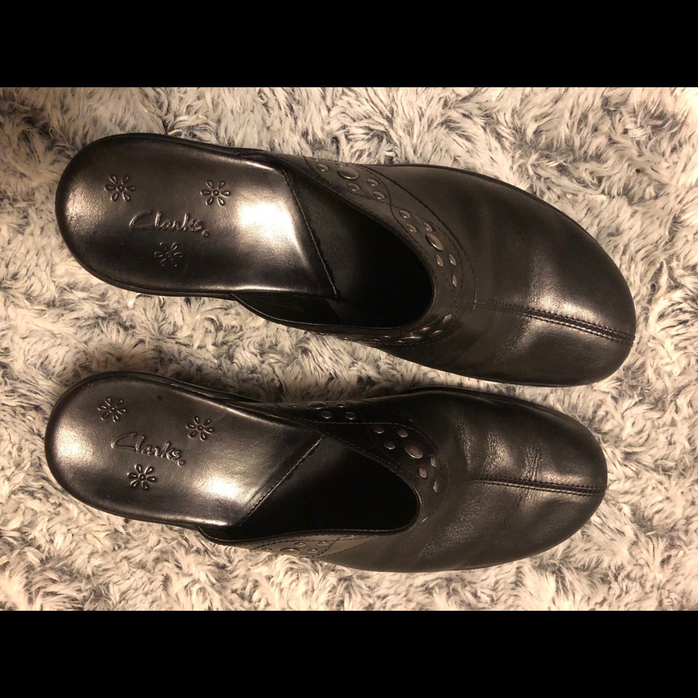 Women's Clarks Studded Black Leather Slide Clog